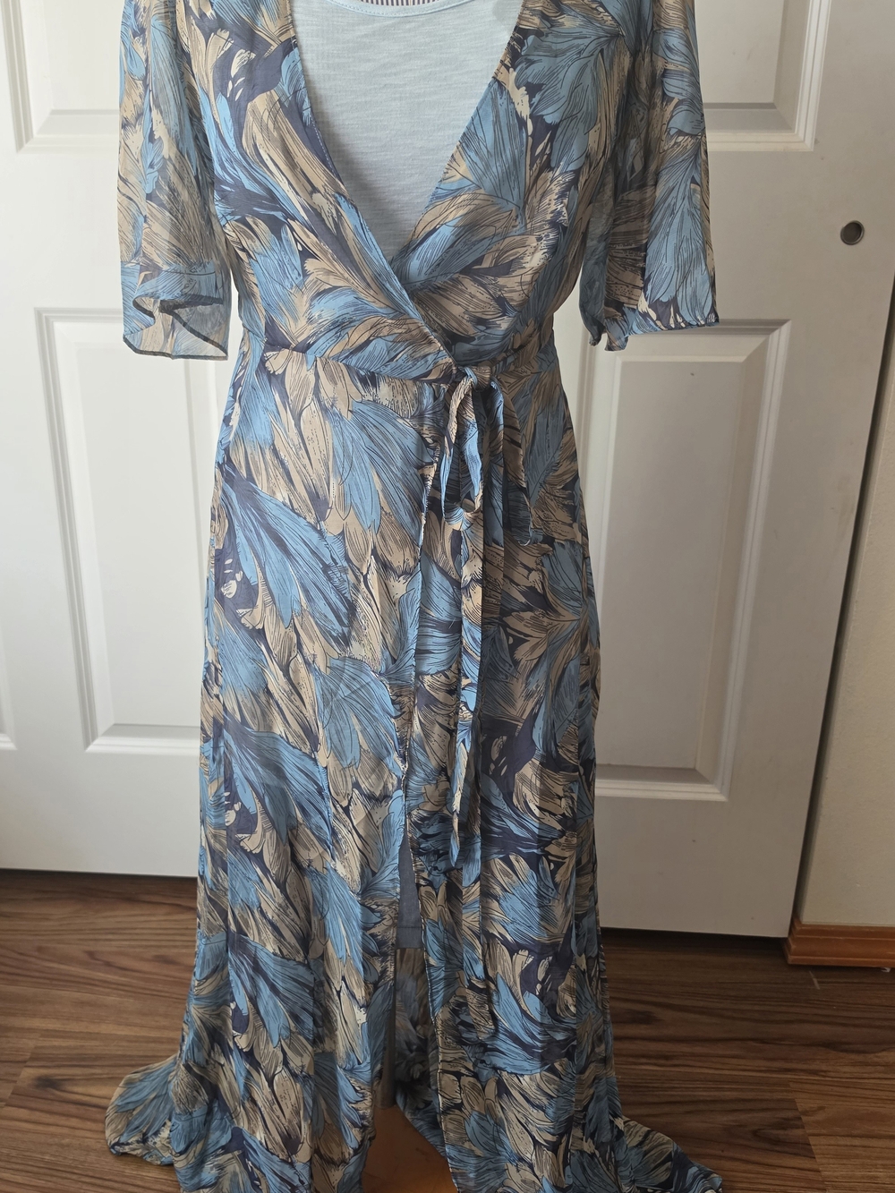 Blue and Tan Floral Wrap Maxi Dress with Tie Waist